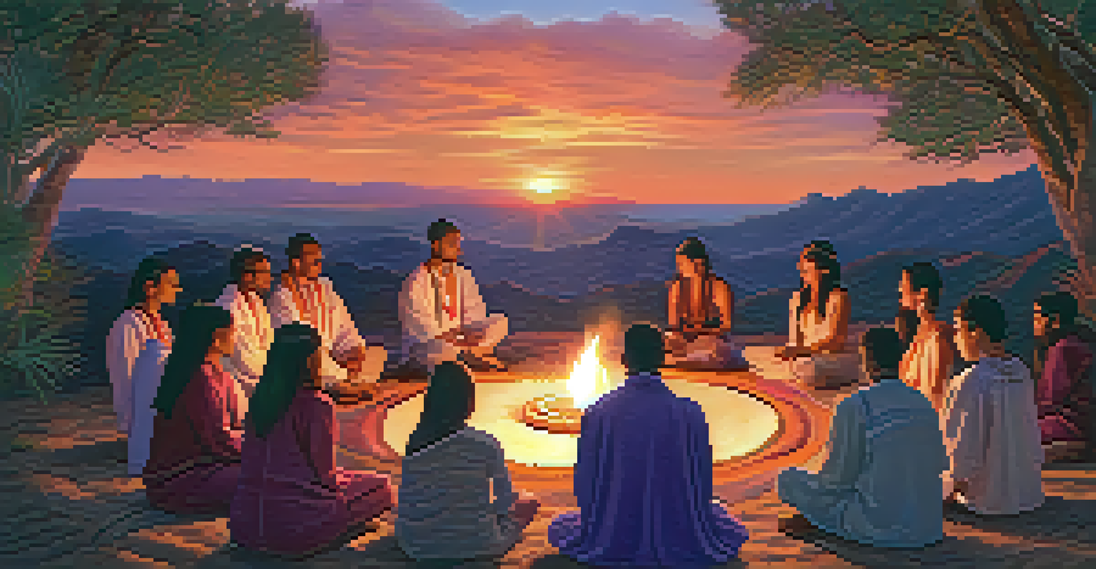 A group of people sitting in a circle during a shamanic ceremony at sunset.
