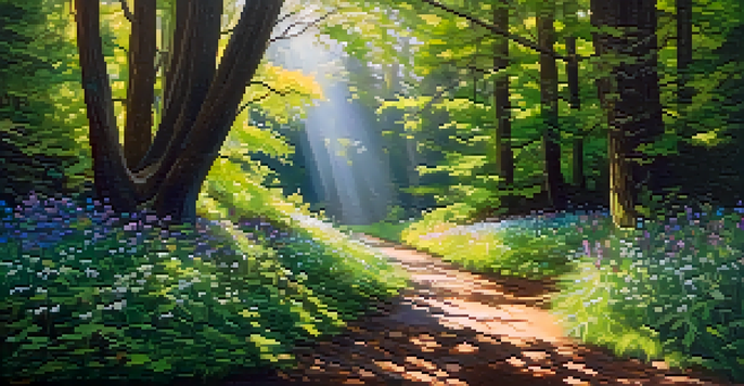 A peaceful forest path illuminated by sunlight, surrounded by colorful wildflowers.