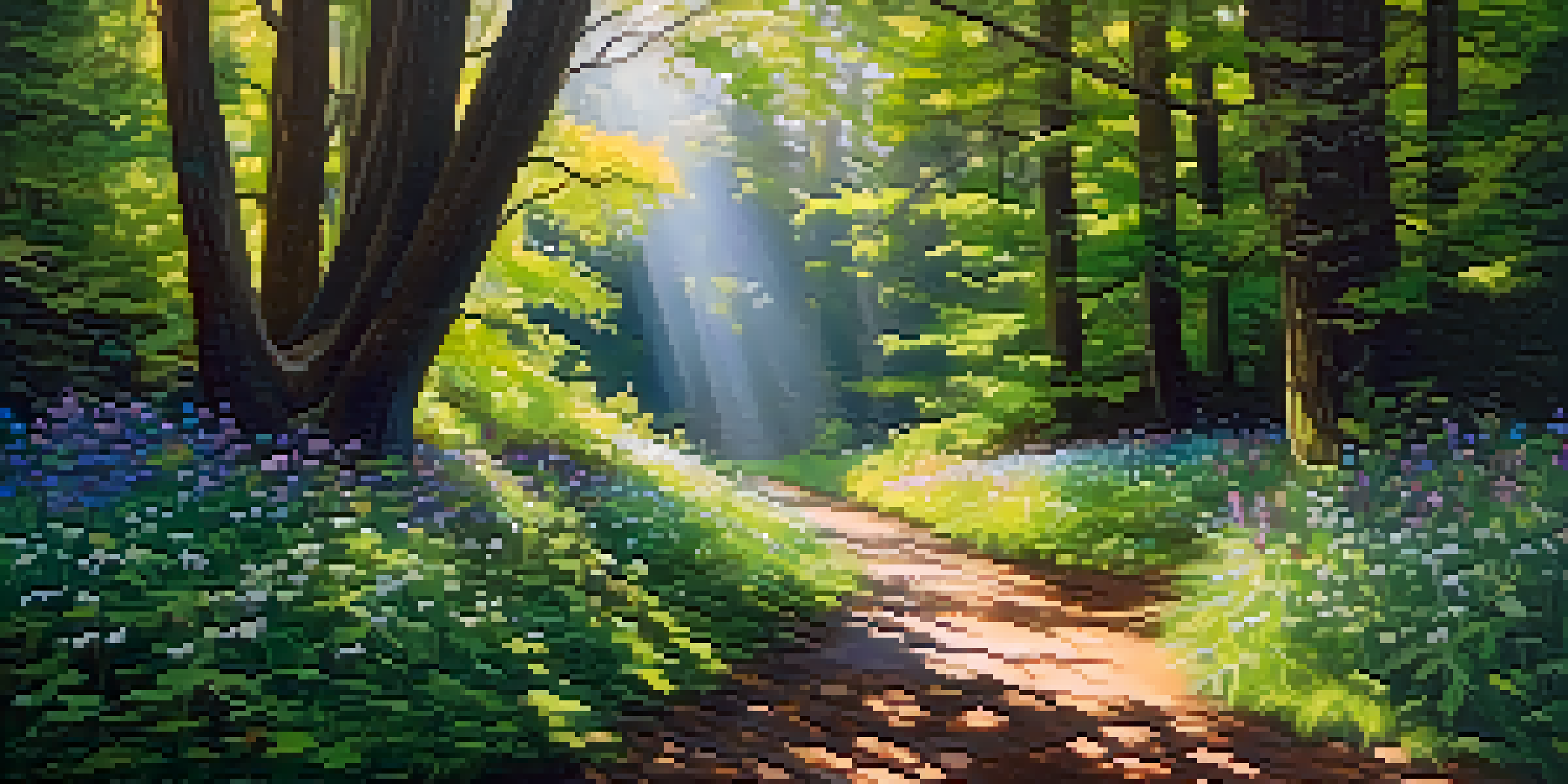 A peaceful forest path illuminated by sunlight, surrounded by colorful wildflowers.