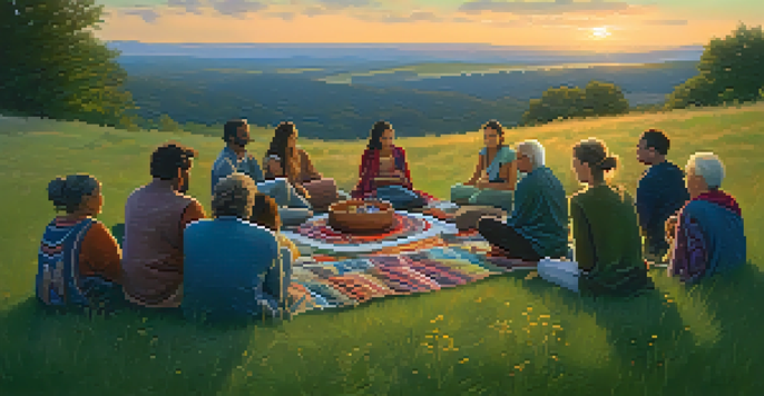A diverse group of people, both young and old, sitting together in a circle on a grassy hill, having a conversation during sunset.