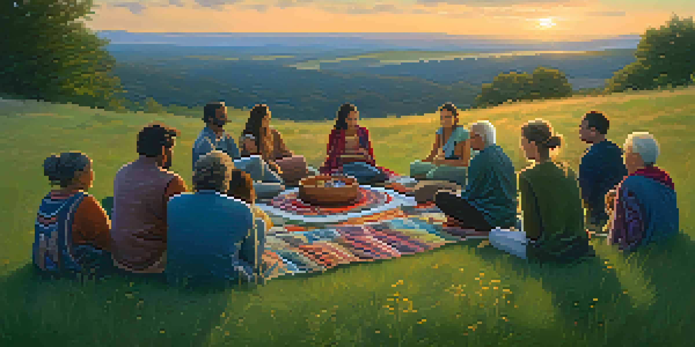 A diverse group of people, both young and old, sitting together in a circle on a grassy hill, having a conversation during sunset.