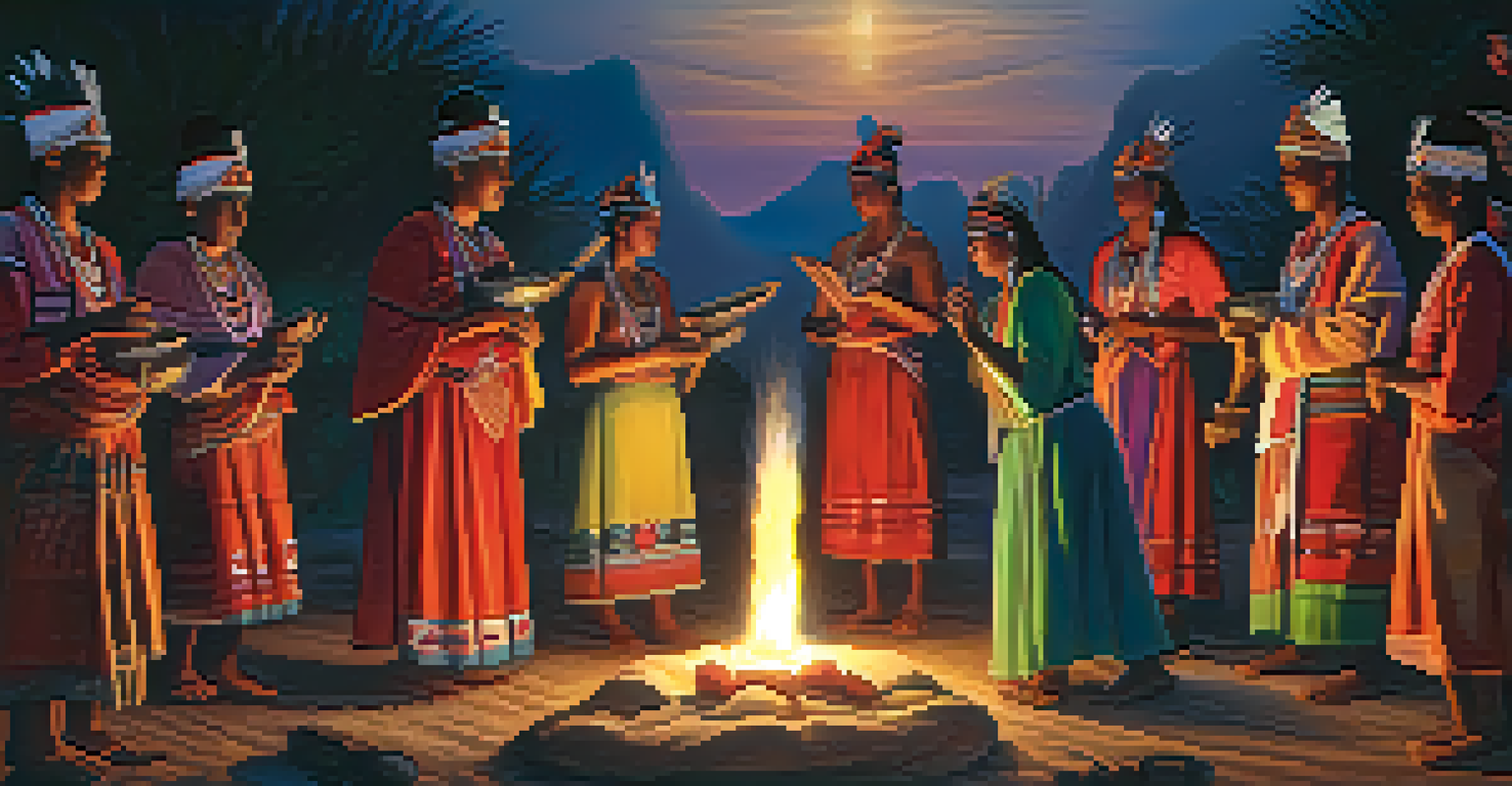 A traditional indigenous ceremony with people in colorful attire, illuminated by candlelight.