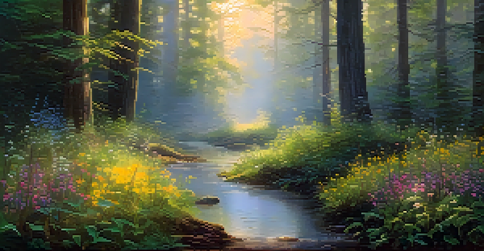 A peaceful forest with sunlight shining through trees and wildflowers, alongside a calm stream.