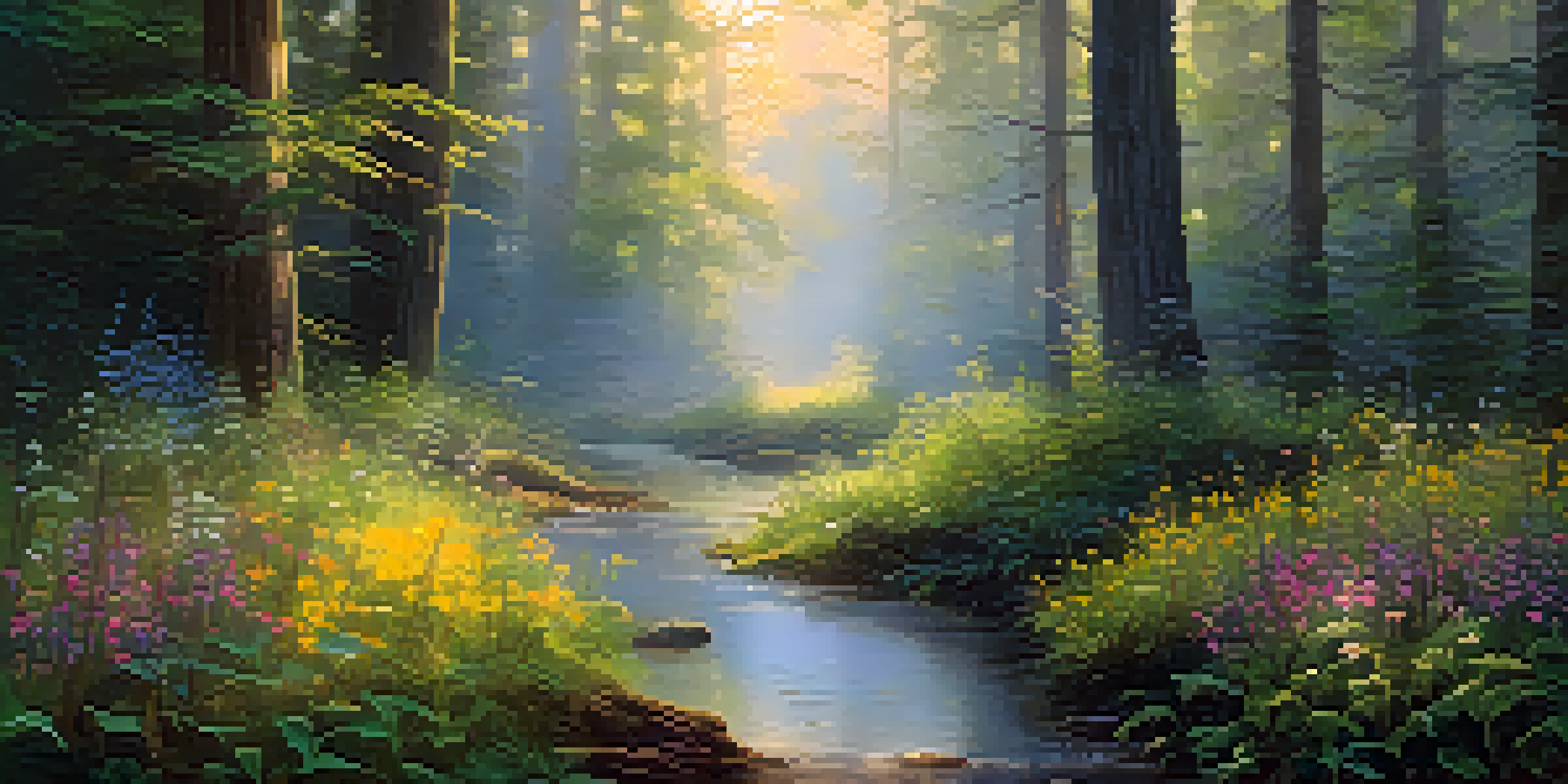 A peaceful forest with sunlight shining through trees and wildflowers, alongside a calm stream.