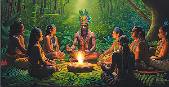 An Amazonian shaman in traditional attire leading an ayahuasca ceremony in a lush green forest with participants meditating.