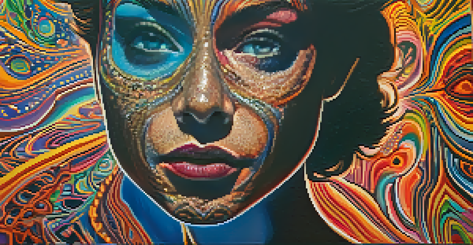 A close-up of a psychedelic art canvas with intricate patterns and vibrant colors, with an artist's silhouette in the background.