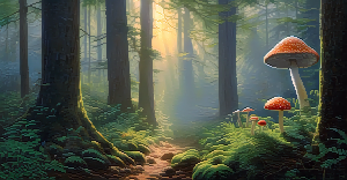 A serene forest at dawn with sunlight through trees, featuring a circle of colorful mushrooms and lush greenery.