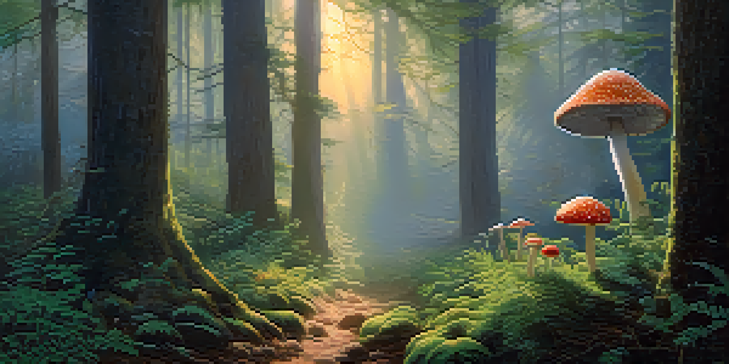 A serene forest at dawn with sunlight through trees, featuring a circle of colorful mushrooms and lush greenery.
