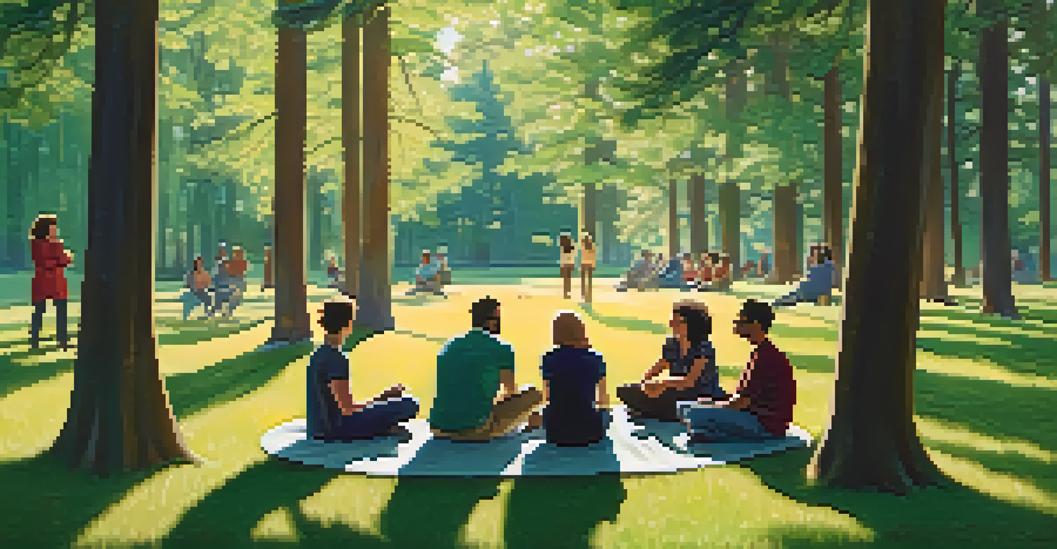 A diverse group of people sitting in a circle in a forest, engaged in conversation.