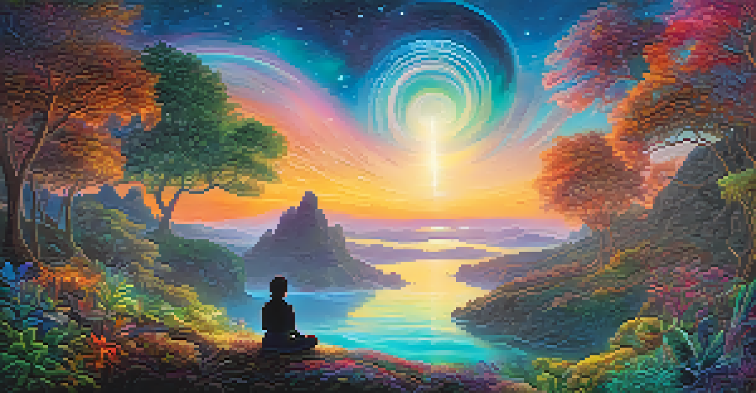 A dreamlike landscape with colorful swirls and silhouettes of people meditating, representing nature and consciousness.