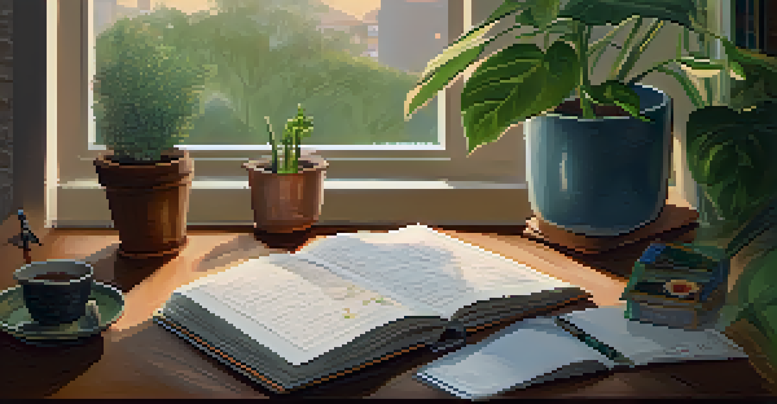 A close-up of a student journaling in a cozy corner, with tea and plants surrounding them, capturing a moment of reflection.