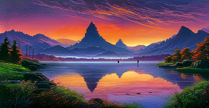 A surreal landscape with futuristic skyscrapers and lush greenery under a colorful sunset, a river reflecting the sky, and a person standing on a rocky outcrop.