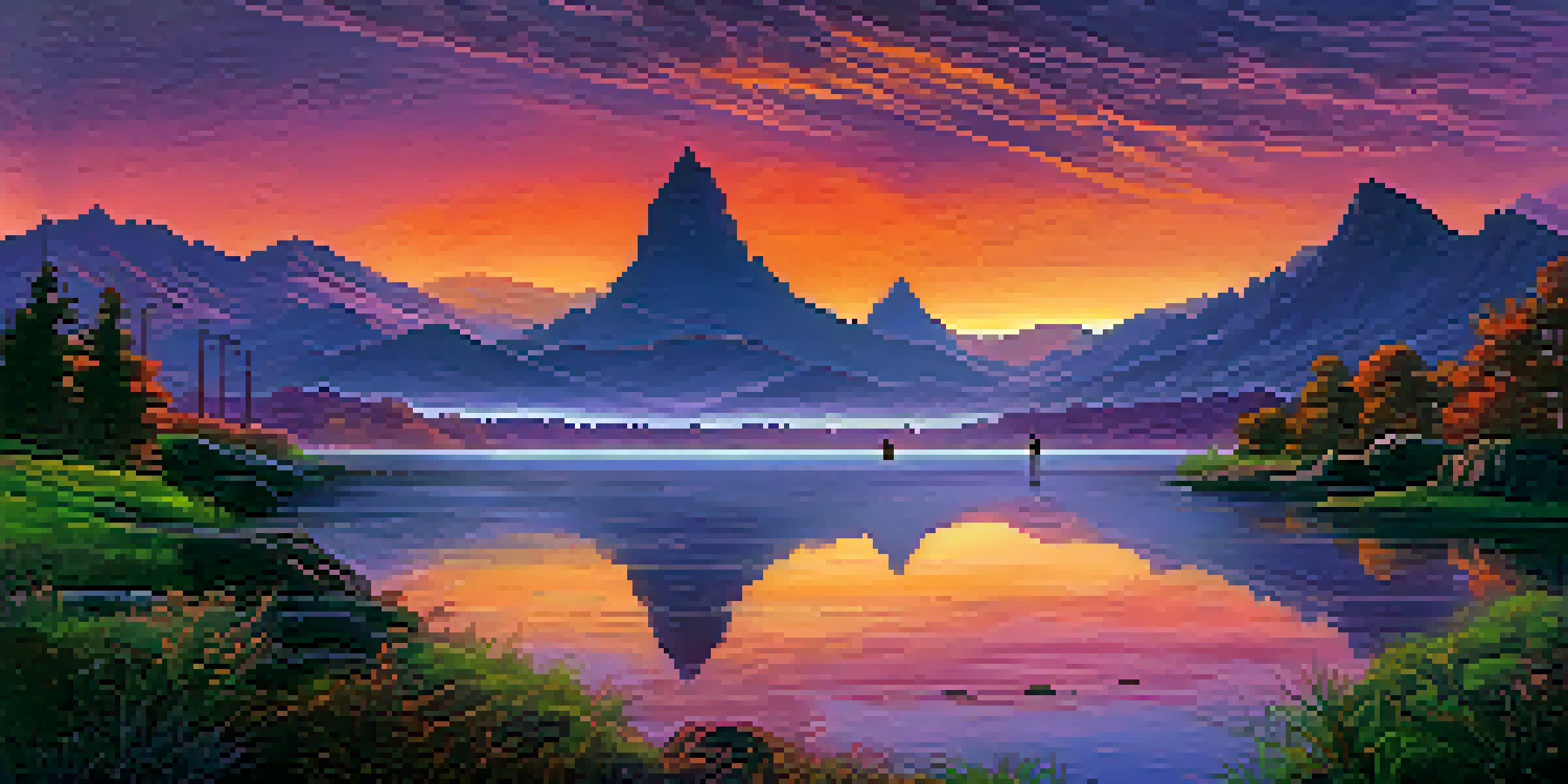 A surreal landscape with futuristic skyscrapers and lush greenery under a colorful sunset, a river reflecting the sky, and a person standing on a rocky outcrop.