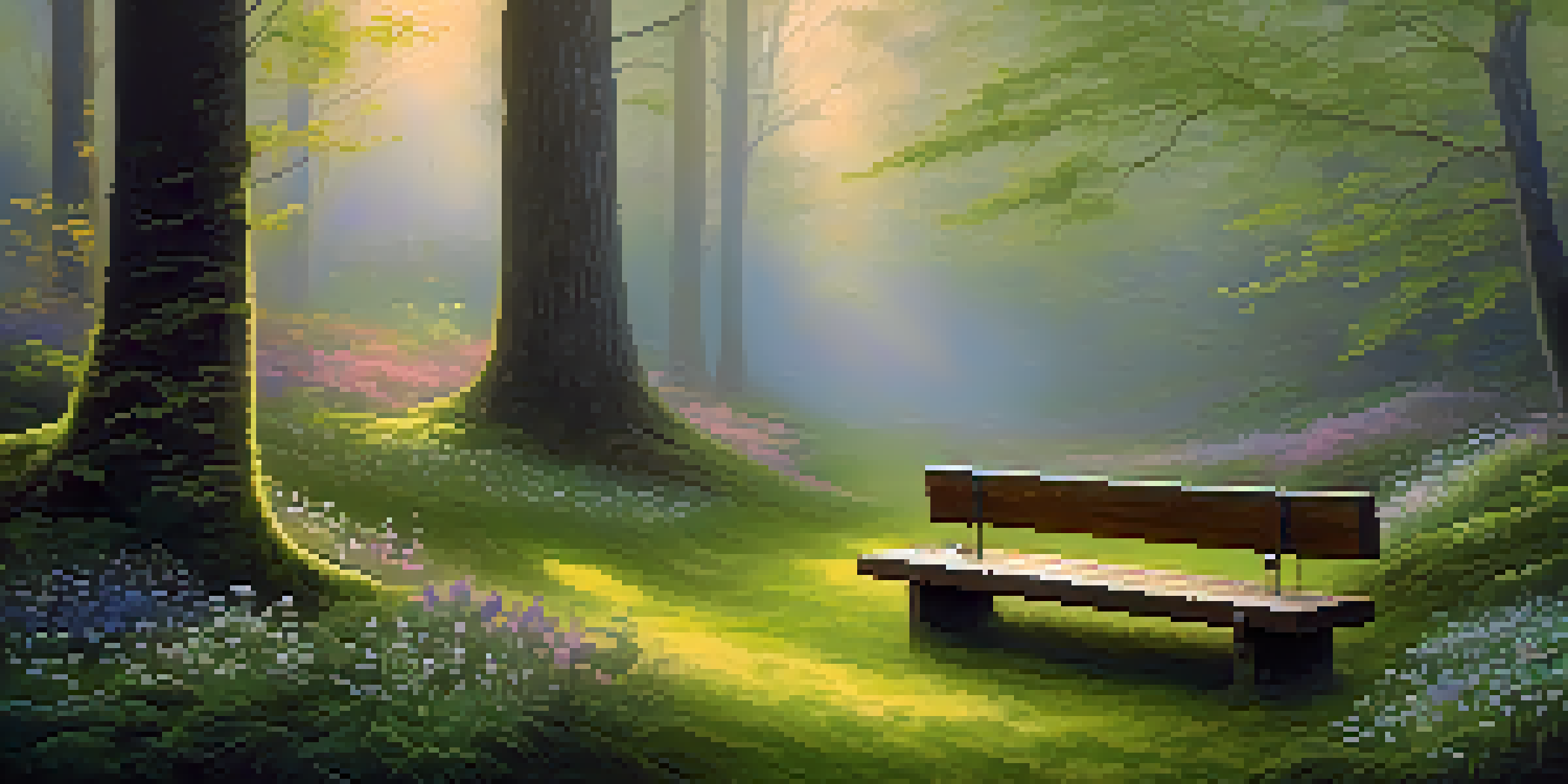 A peaceful forest scene with golden light and mist, featuring a bench on a mossy ground.