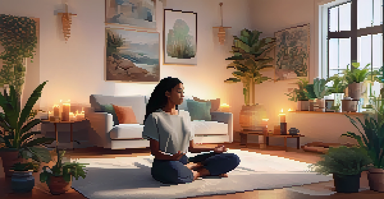 A warm, inviting room with cushions and soft lighting, set up for a guided session, with a person meditating peacefully.