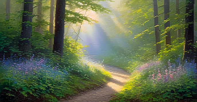 A peaceful forest at dawn with sunlight filtering through trees and dew-covered leaves.