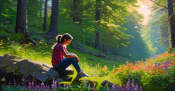A person meditating in a lush forest at sunset, surrounded by flowers and sunlight filtering through the trees.