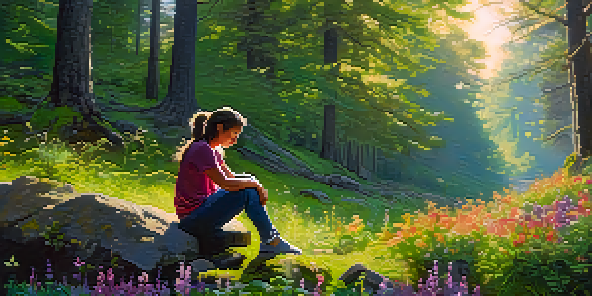 A person meditating in a lush forest at sunset, surrounded by flowers and sunlight filtering through the trees.