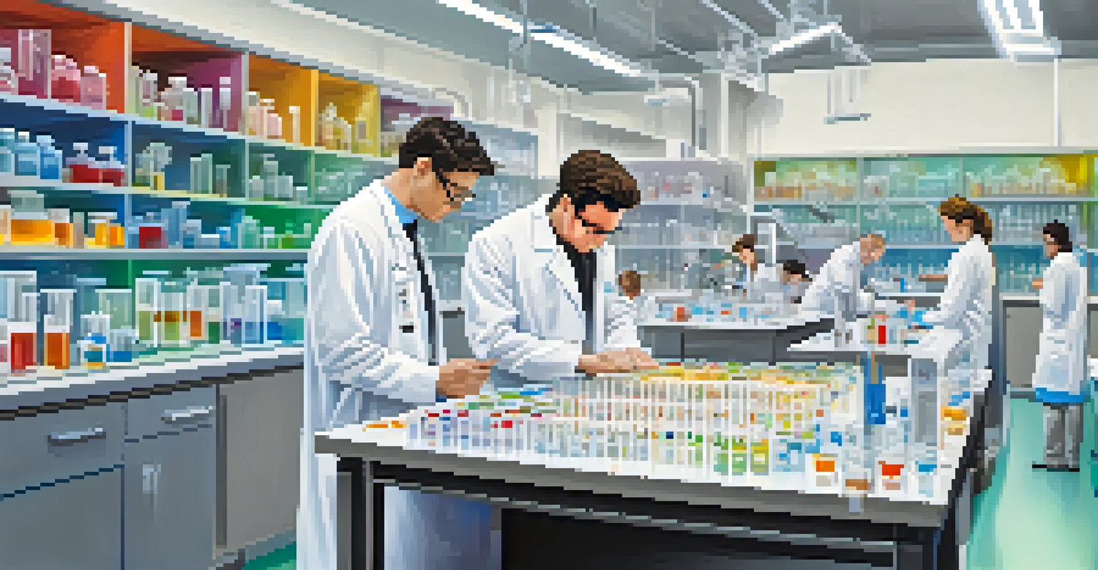 Researchers in a lab studying psilocybin mushrooms, with scientific equipment and colorful specimens around them.