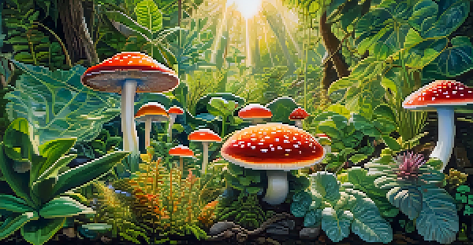 A close-up view of a colorful garden with entheogenic plants under warm sunlight.