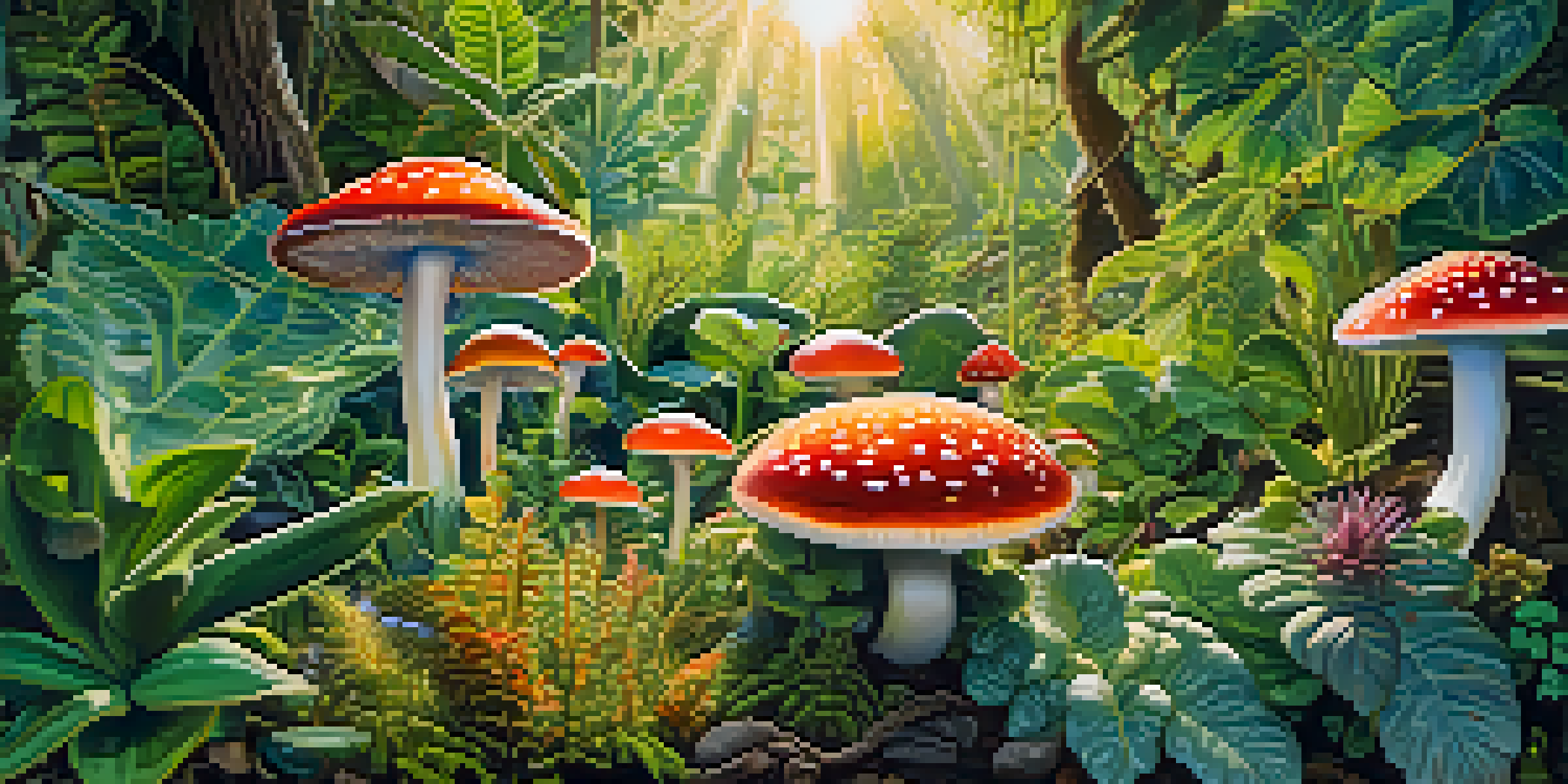 A close-up view of a colorful garden with entheogenic plants under warm sunlight.