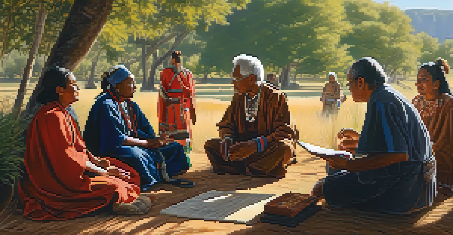 An outdoor scene of Indigenous elders and researchers engaged in respectful dialogue, with a vibrant landscape in the background symbolizing cultural exchange.