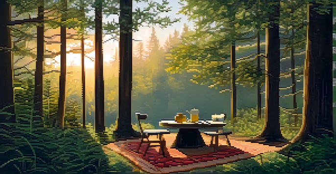 A peaceful forest scene at sunset, featuring a meditation area with cushions and a cup of tea, surrounded by trees bathed in golden light.