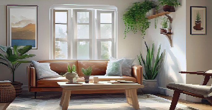 A peaceful therapy room with natural light, a couch, plants, and soothing decor.