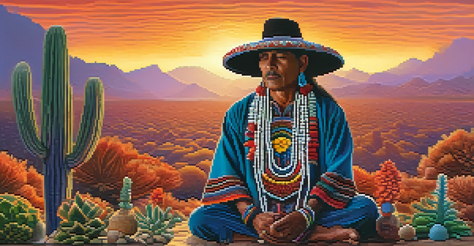 A peaceful landscape depicting a shaman in traditional clothing amidst peyote cacti and mushrooms, with a beautiful sunrise in the background.