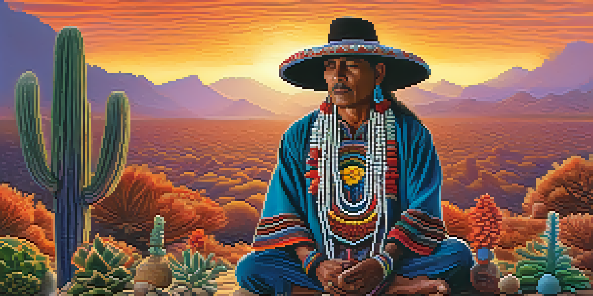 A peaceful landscape depicting a shaman in traditional clothing amidst peyote cacti and mushrooms, with a beautiful sunrise in the background.