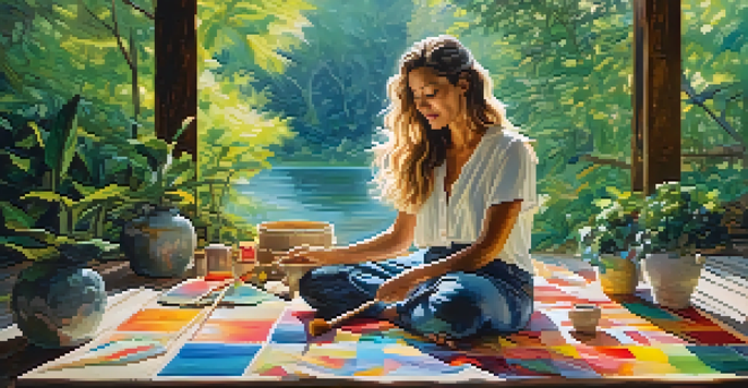 An artist in a forest, surrounded by paints and a canvas, creating art with flowing colors reflecting nature.