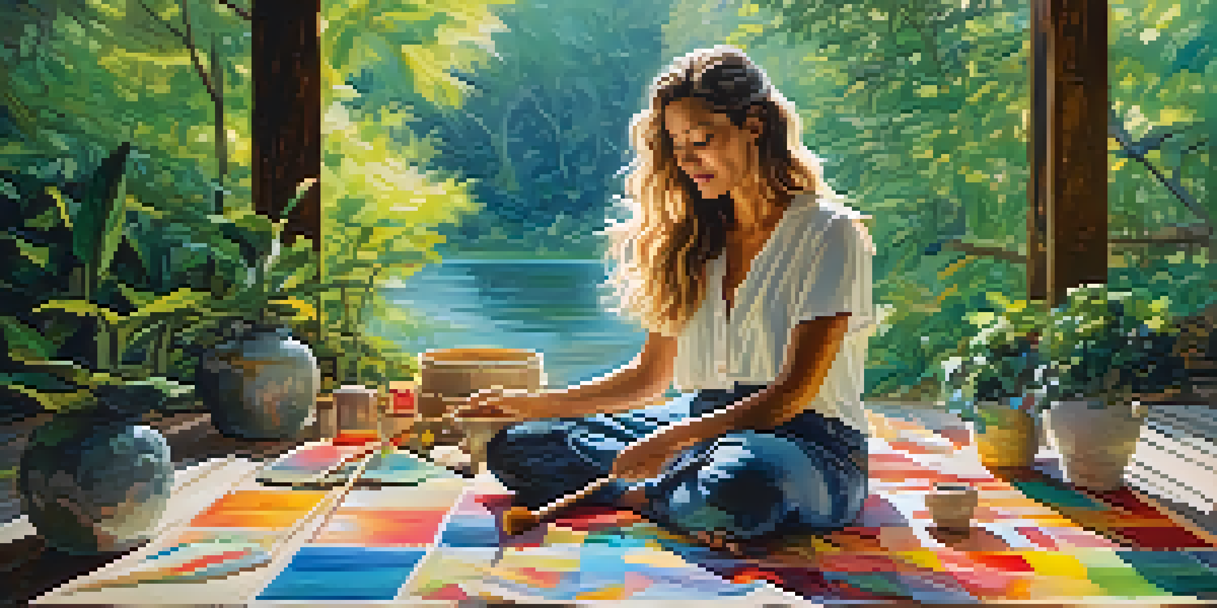 An artist in a forest, surrounded by paints and a canvas, creating art with flowing colors reflecting nature.