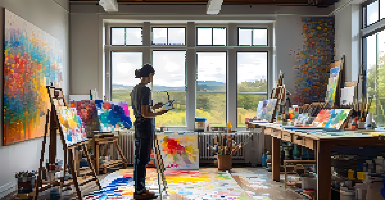 An artist's studio with canvases, paint splatters, and an artist working on a painting under natural light.
