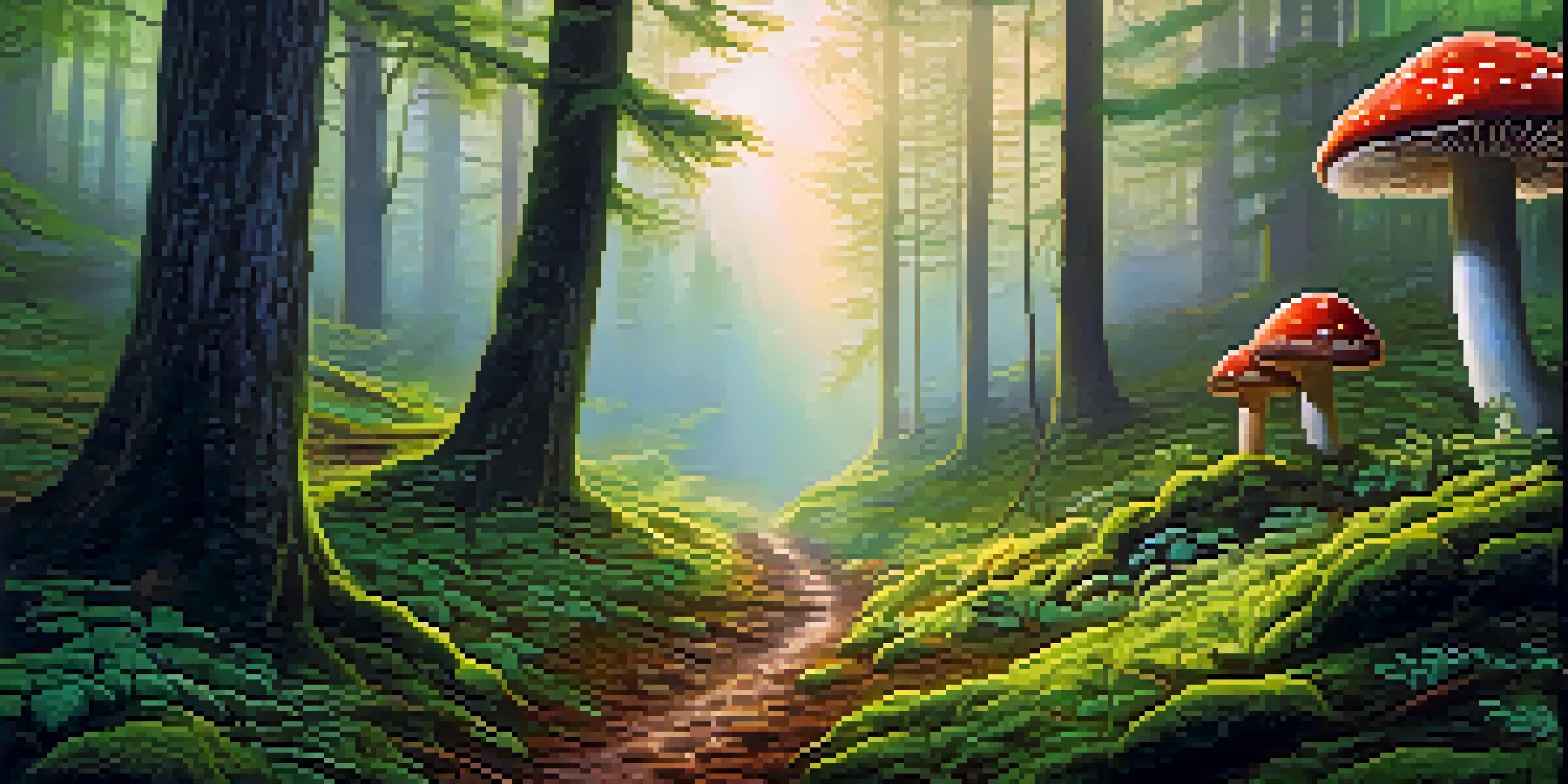 A peaceful forest at dawn with mist, sunlight through trees, green moss, and colorful mushrooms on the ground.