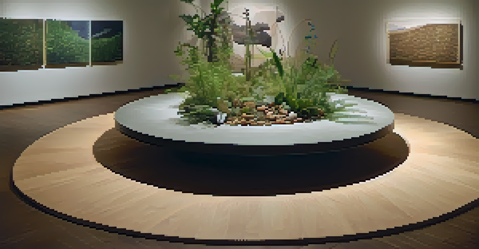 An artistic installation made from natural materials in a gallery, with visitors engaging with the circular arrangement, illuminated by soft lights.