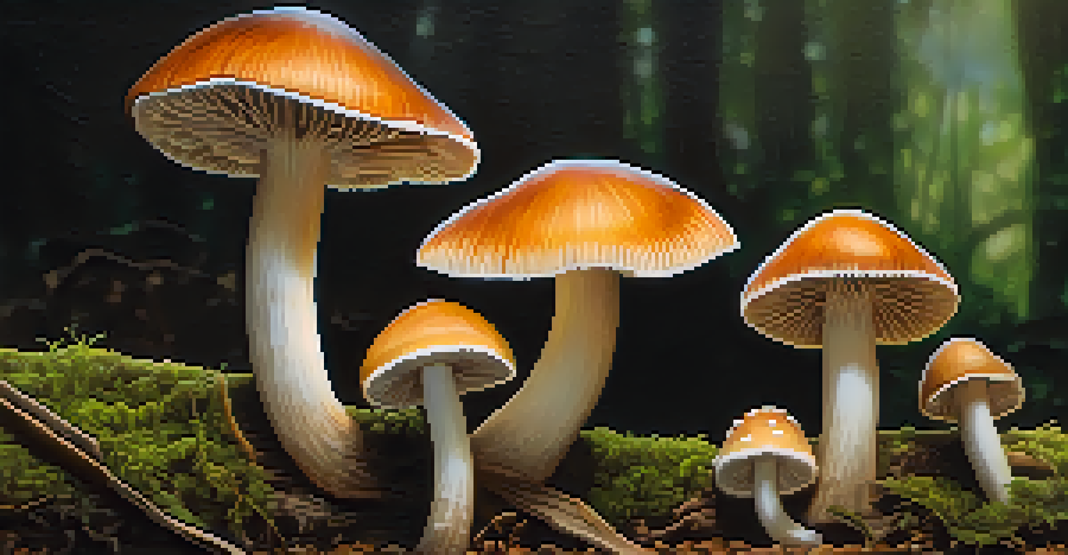Close-up of psilocybin mushrooms on a wooden surface, illuminated by soft natural light with a blurred green background.