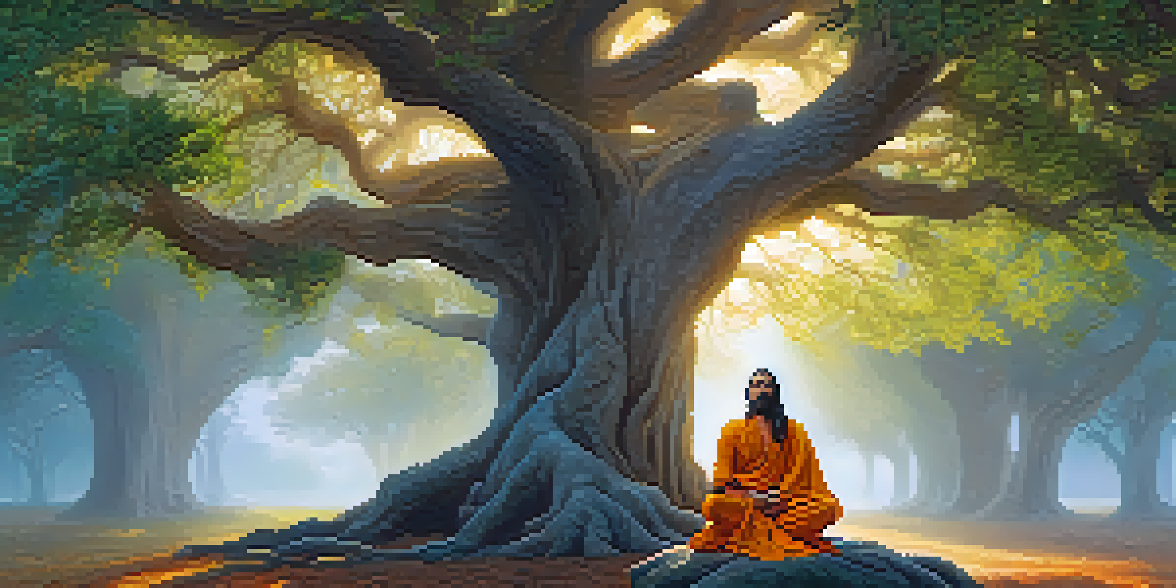 An ancient Indian sage in saffron robes meditating under a banyan tree, surrounded by ethereal light and mist.