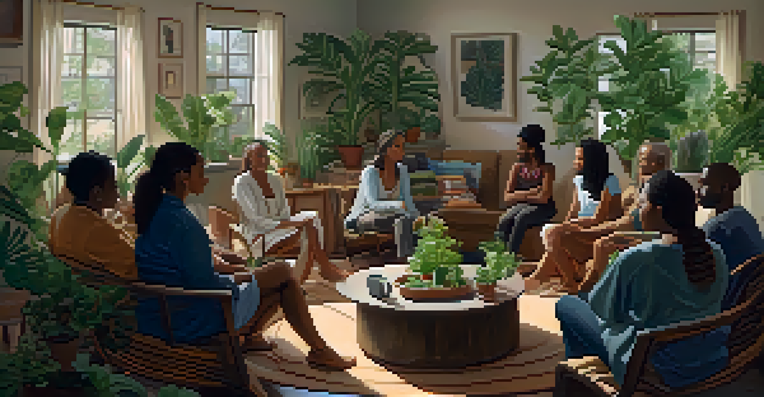 A diverse group of people sitting in a circle in a warmly-lit room, sharing stories and supporting each other in a healing environment.