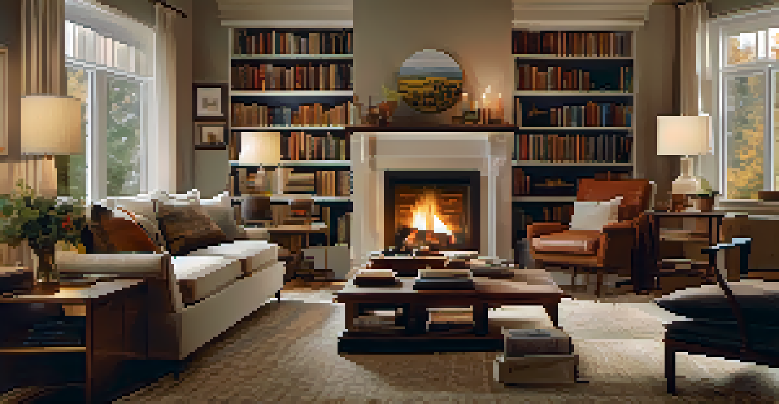 A cozy living room with a sofa, fireplace, and warm lighting creating an inviting atmosphere.
