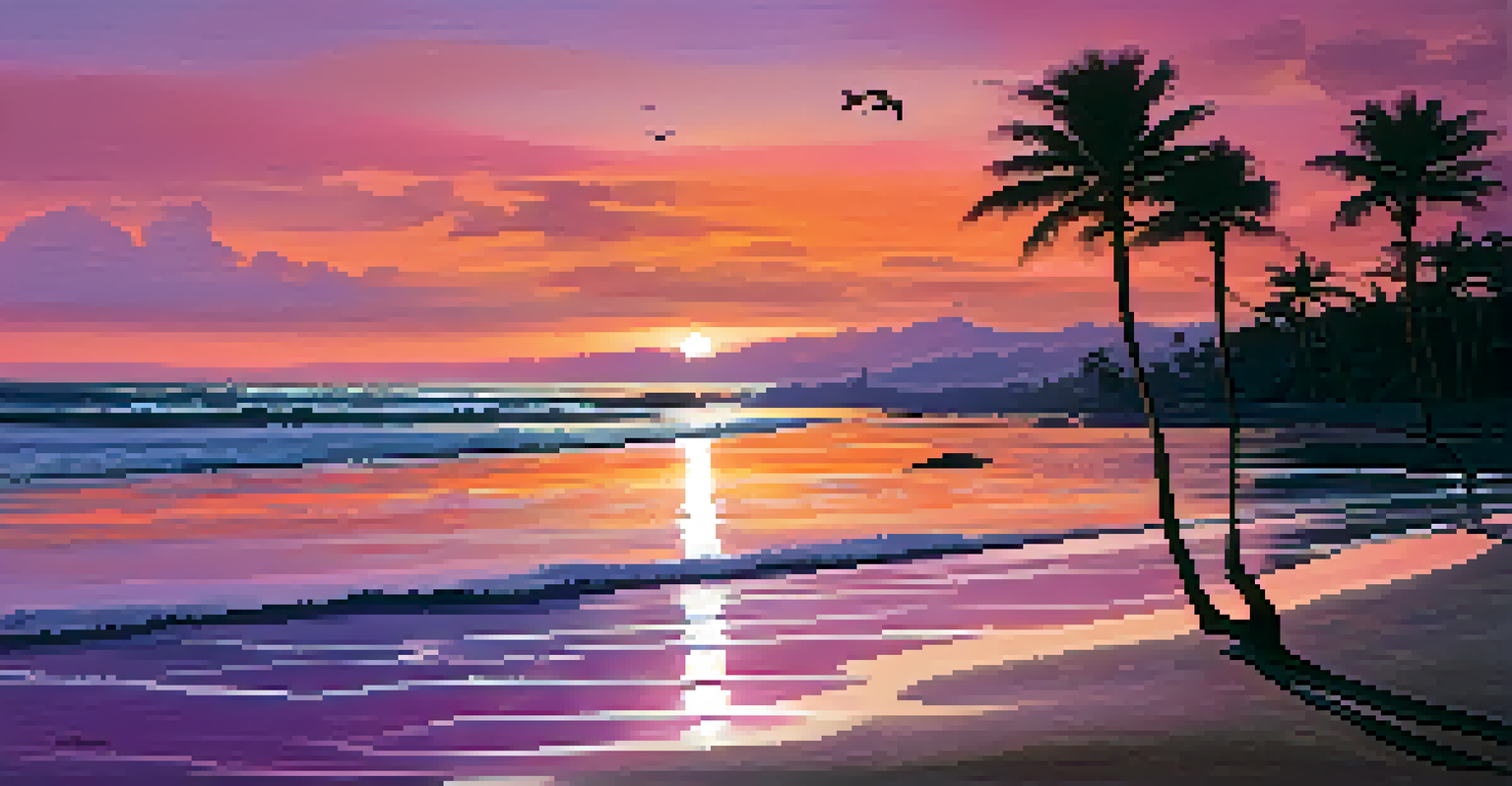 A beautiful beach at sunrise with vibrant colors in the sky and gentle waves lapping at the shore.