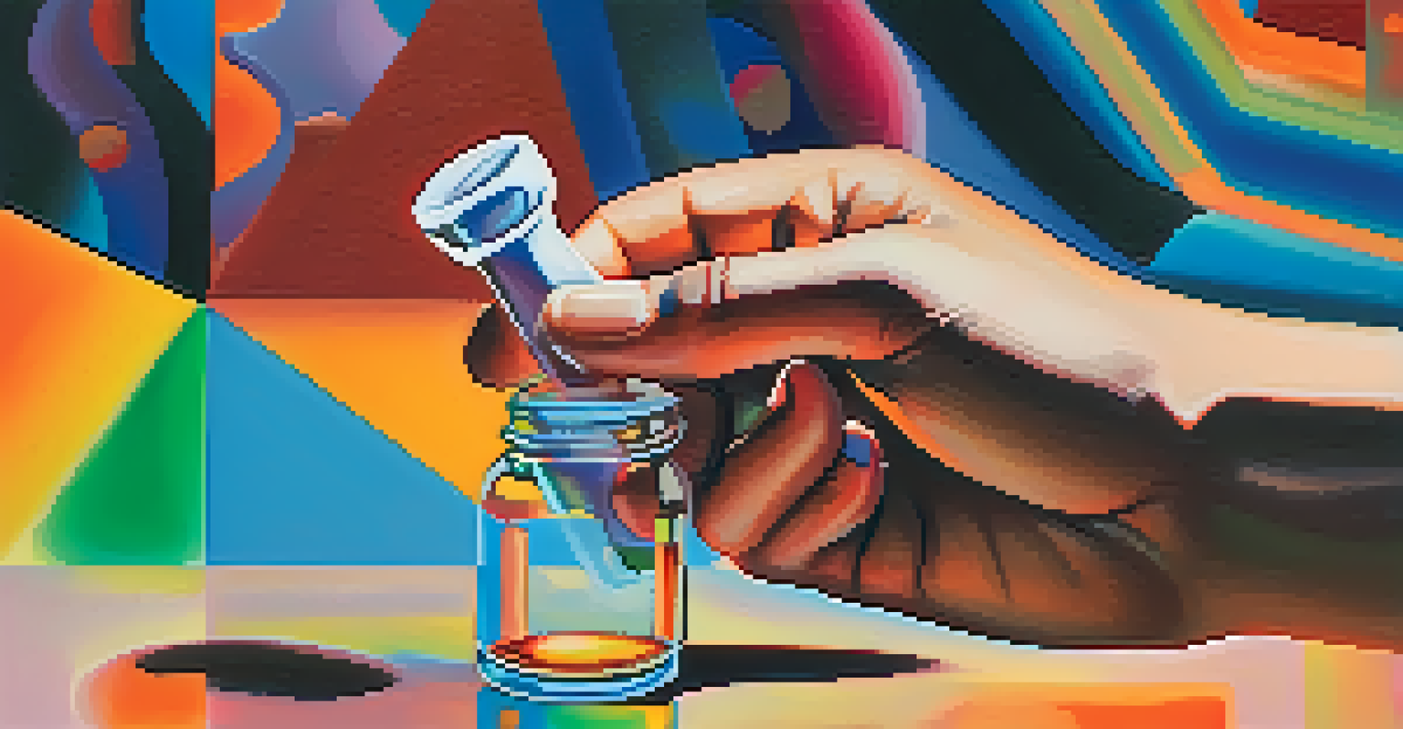 A close-up of a hand holding a vial of MDMA with colorful reflections, set against an abstract background symbolizing emotions and healing.