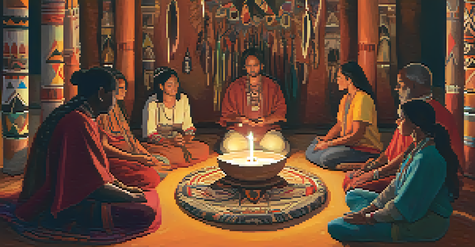 A circle of people engaged in a shamanic ritual in a candle-lit space, with an altar displaying sacred objects.