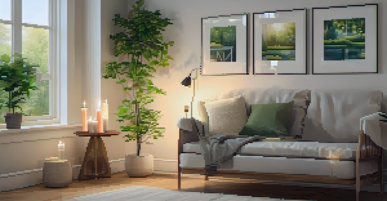 A cozy therapy room with soft lighting, comfortable seating, candles, and a view of a peaceful garden outside the window.