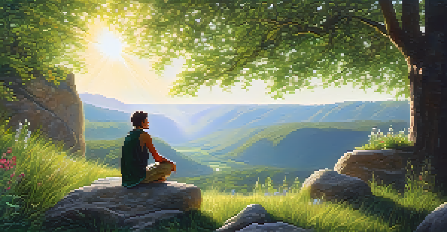 A peaceful vision quest scene with a solitary figure sitting on a rock in nature, surrounded by greenery and sunlight filtering through trees.