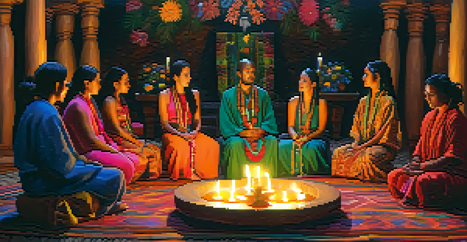 A vibrant ayahuasca ceremony with participants in colorful garments sitting around an altar, illuminated by candlelight, reflecting unity and spirituality.