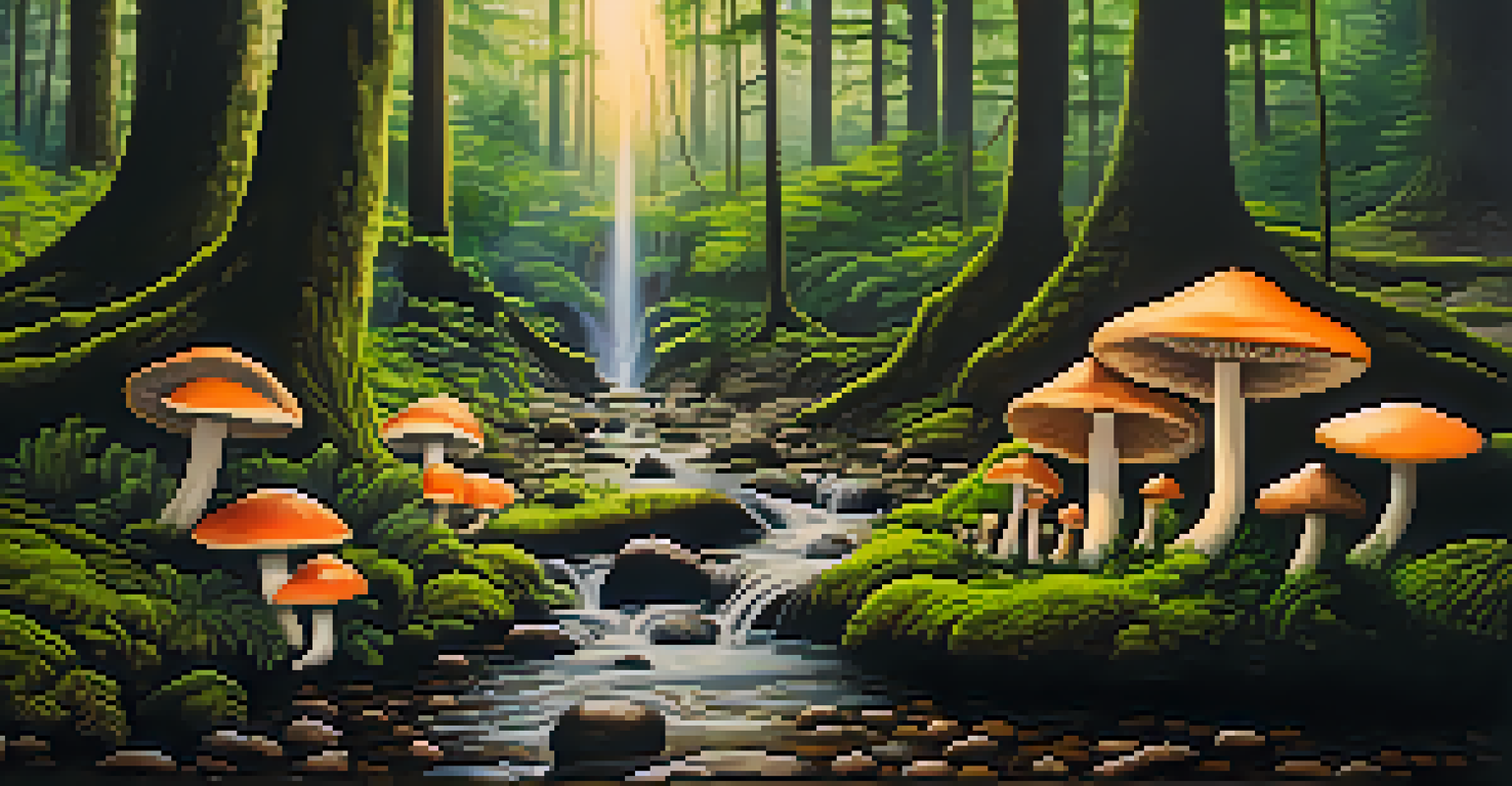 A close-up of psilocybin mushrooms in a lush forest with sunlight filtering through leaves and a gentle stream in the background.