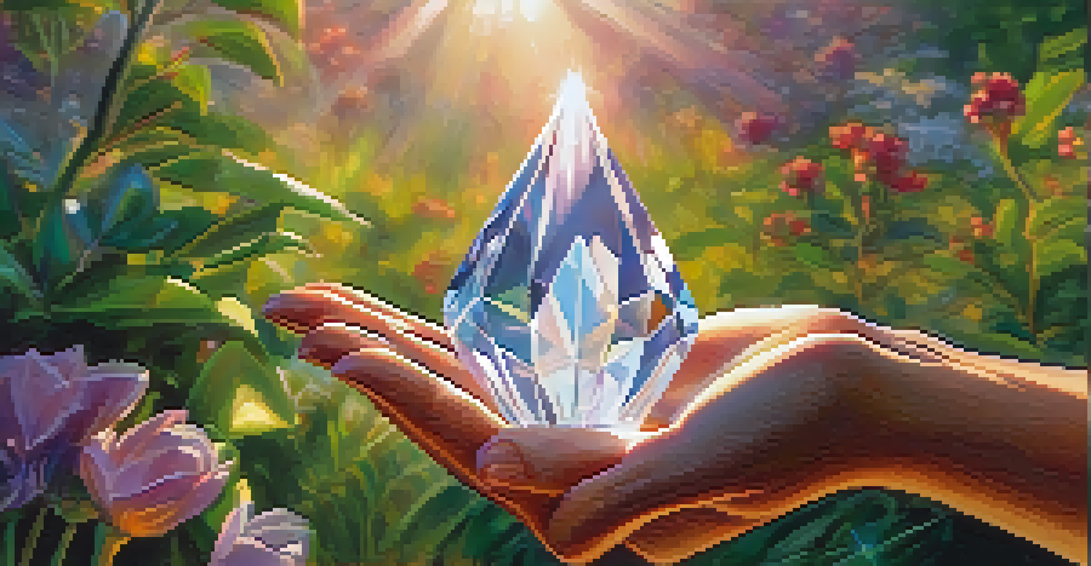 Close-up of hands holding a glowing crystal in a vibrant garden.