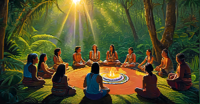 A tranquil ayahuasca ceremony in the Amazon rainforest with participants seated around a fire, surrounded by greenery and Indigenous artifacts.