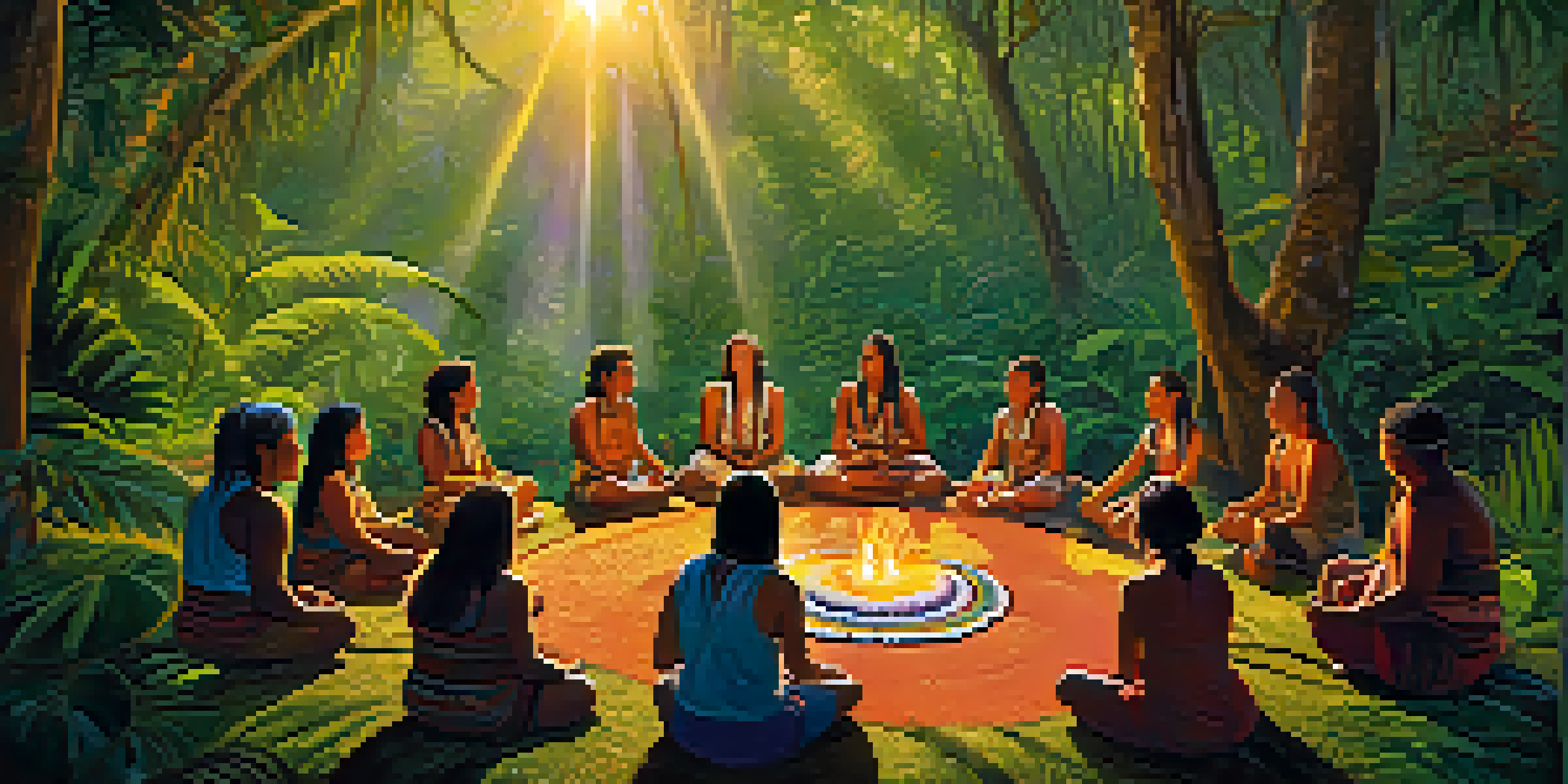 A tranquil ayahuasca ceremony in the Amazon rainforest with participants seated around a fire, surrounded by greenery and Indigenous artifacts.
