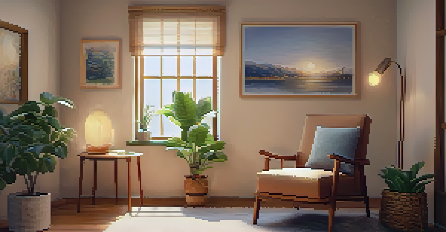 A cozy therapy room with soft lighting, featuring a comfortable armchair, a small table with a plant, and calming artwork, creating a warm atmosphere.